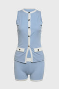 Women's Sleeveless Button Vest and Shorts Set with Contrast Trim - Light Blue