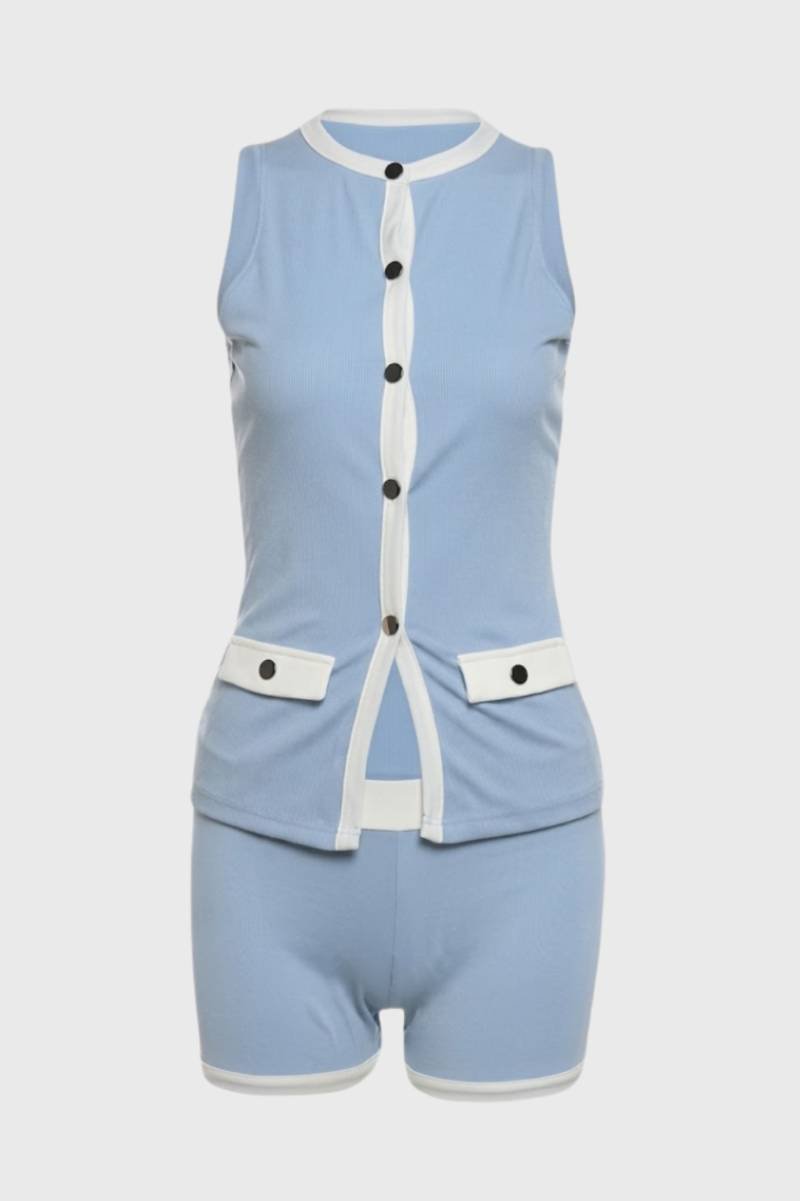 Women's Sleeveless Button Vest and Shorts Set with Contrast Trim - Light Blue