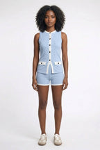 Women's Sleeveless Button Vest and Shorts Set with Contrast Trim - 2