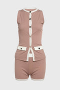 Women's Sleeveless Button Vest and Shorts Set with Contrast Trim - Beige