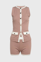 Women's Sleeveless Button Vest and Shorts Set with Contrast Trim - Beige
