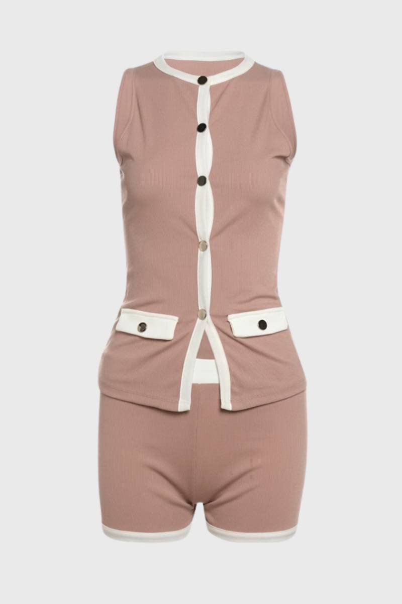 Women's Sleeveless Button Vest and Shorts Set with Contrast Trim - Beige