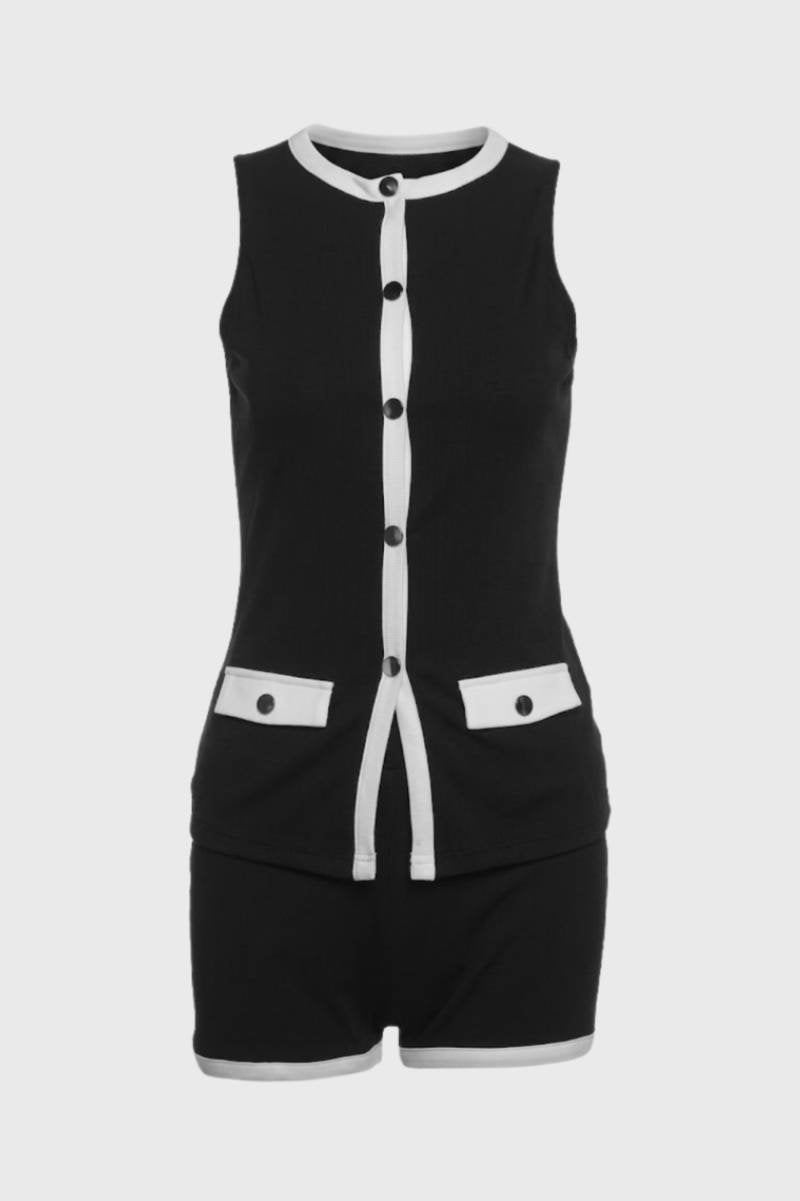 Women's Sleeveless Button Vest and Shorts Set with Contrast Trim - Black