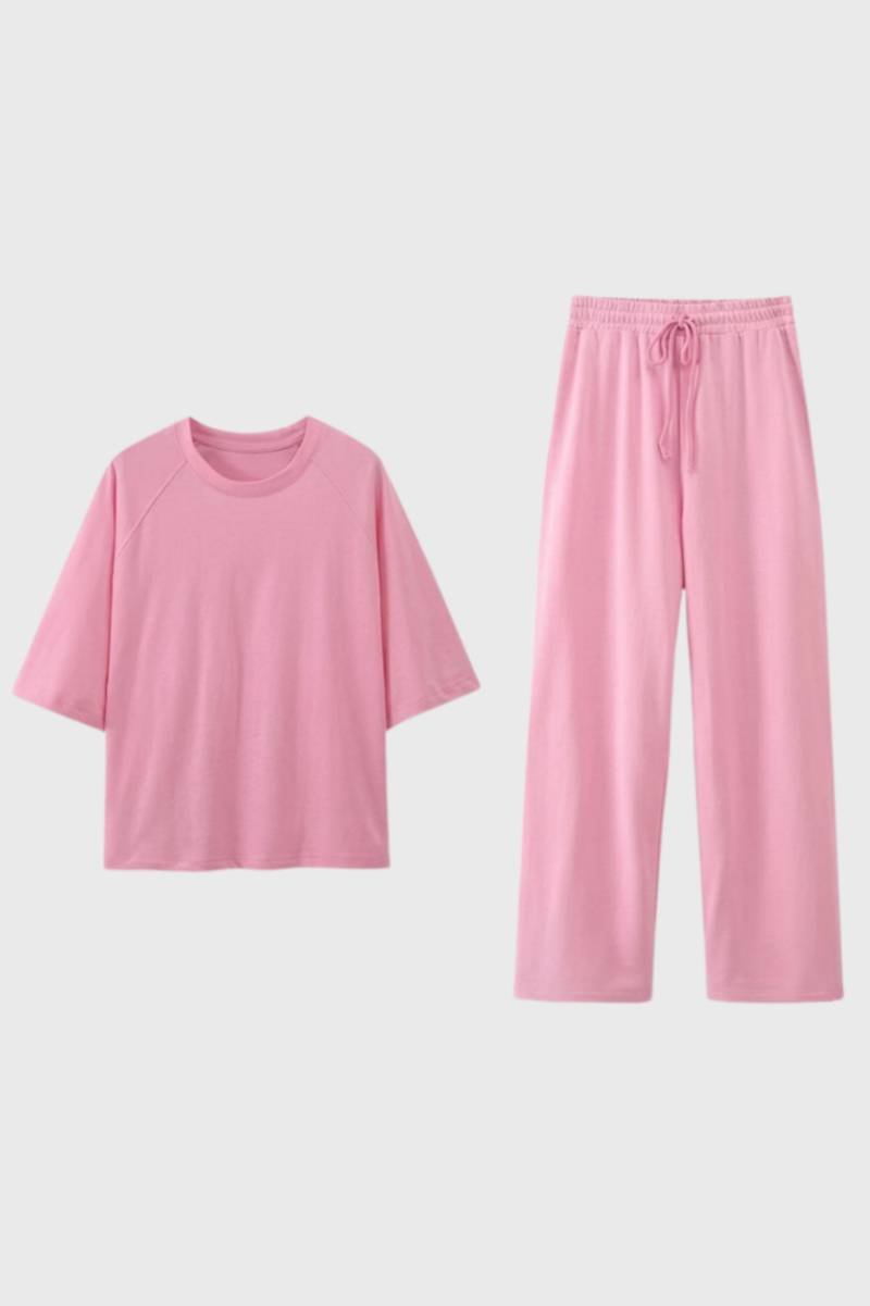 Women's Lounge Set Oversized T-Shirt with Wide Leg Drawstring Trousers - Pink