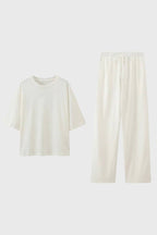 Women's Lounge Set Oversized T-Shirt with Wide Leg Drawstring Trousers - Cream