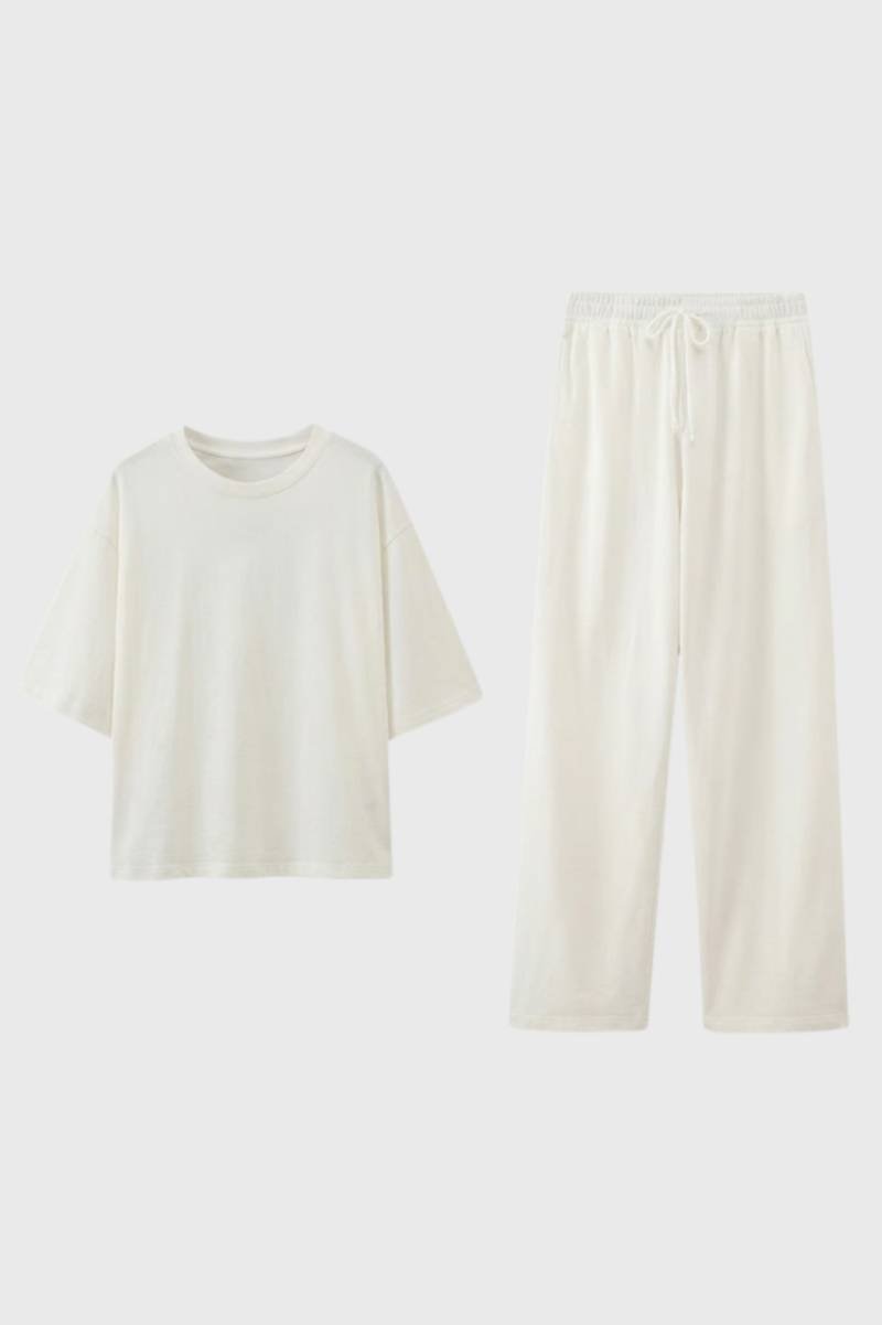 Women's Lounge Set Oversized T-Shirt with Wide Leg Drawstring Trousers - Cream