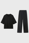 Women's Lounge Set Oversized T-Shirt with Wide Leg Drawstring Trousers - Black