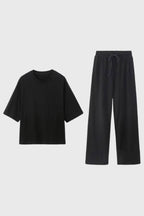 Women's Lounge Set Oversized T-Shirt with Wide Leg Drawstring Trousers - Black