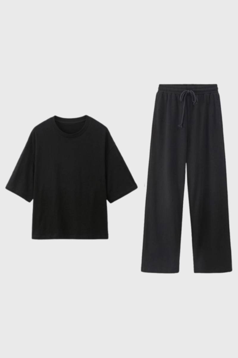 Women's Lounge Set Oversized T-Shirt with Wide Leg Drawstring Trousers - Black