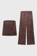 Women's Co-ord Set Strapless Top and Wide Leg Trousers with Polka Dot Print - Polka Dot Brown