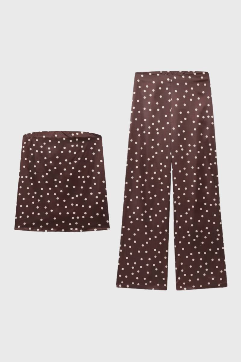 Women's Co-ord Set Strapless Top and Wide Leg Trousers with Polka Dot Print - Polka Dot Brown
