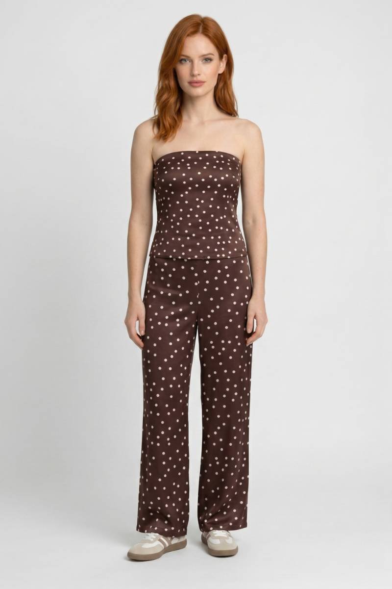 Women's Co-ord Set Strapless Top and Wide Leg Trousers with Polka Dot Print - 2