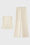 Women's Co-ord Set Strapless Top and Wide Leg Trousers with Polka Dot Print - Cream