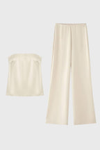 Women's Co-ord Set Strapless Top and Wide Leg Trousers with Polka Dot Print - Cream