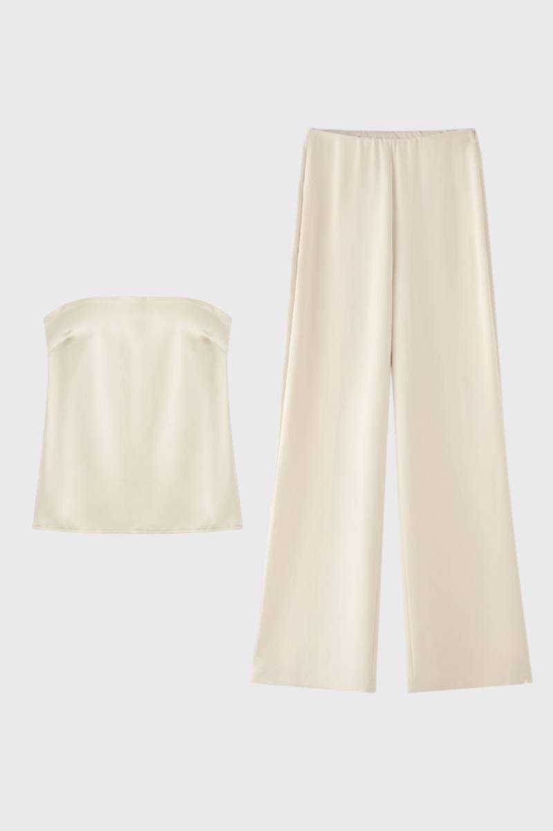 Women's Co-ord Set Strapless Top and Wide Leg Trousers with Polka Dot Print - Cream