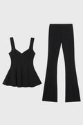 Women's Co-ord Set Pleated Peplum Top with Flared Trousers - Black