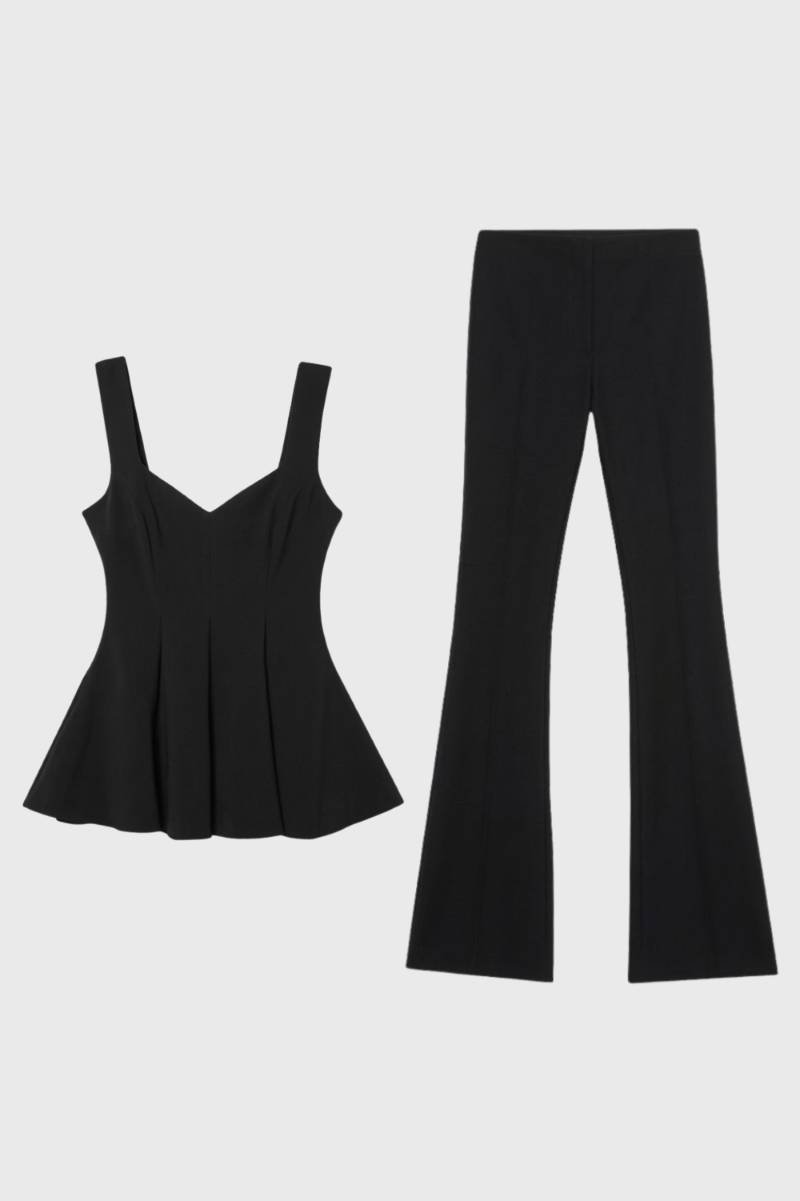 Women's Co-ord Set Pleated Peplum Top with Flared Trousers - Black