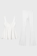 Women's Co-ord Set Pleated Peplum Top with Flared Trousers - White
