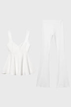 Women's Co-ord Set Pleated Peplum Top with Flared Trousers - White