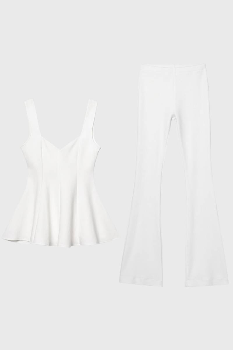 Women's Co-ord Set Pleated Peplum Top with Flared Trousers - White