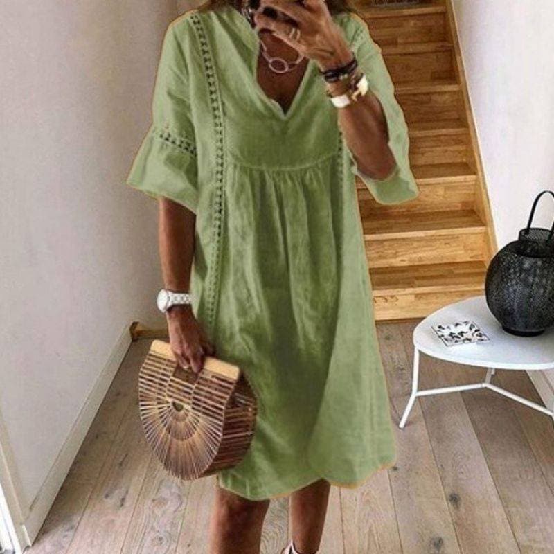 Women's Boho Dress with V-Neck and Lace Trim Detail - Green