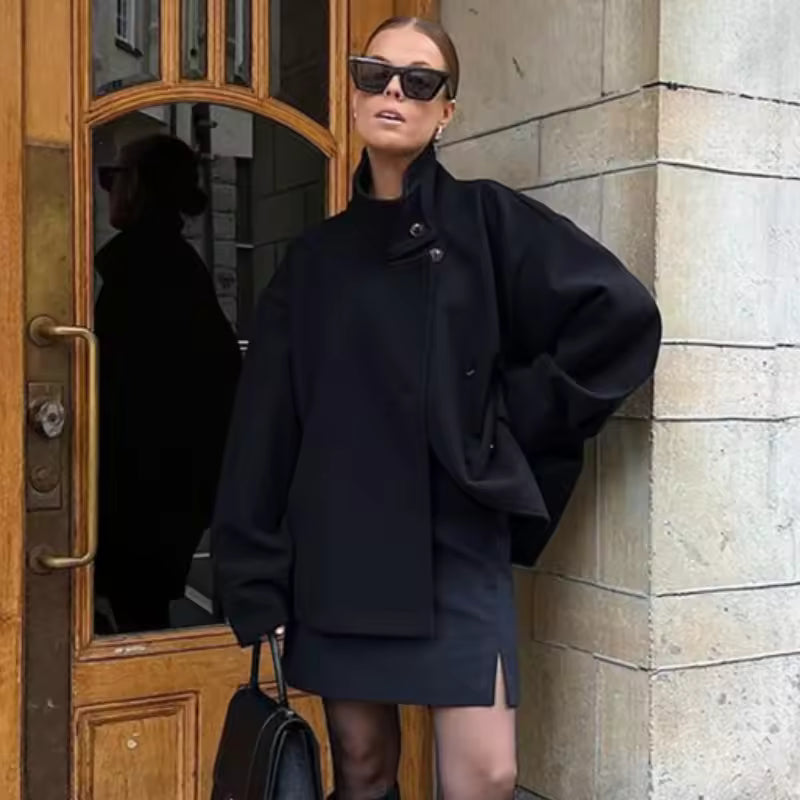 Women's Short Peacoat with High Collar and Minimalist Design - Black