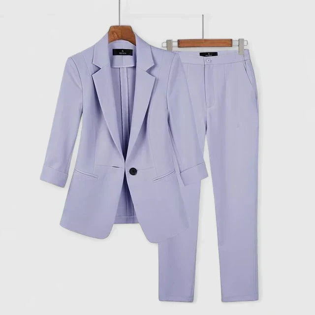 Women's Blazer Set with Fitted Jacket and Tailored Trousers - Purple