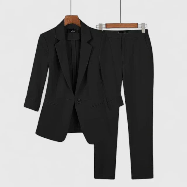 Women's Blazer Set with Fitted Jacket and Tailored Trousers - Black