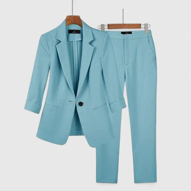 Women's Blazer Set with Fitted Jacket and Tailored Trousers - Blue