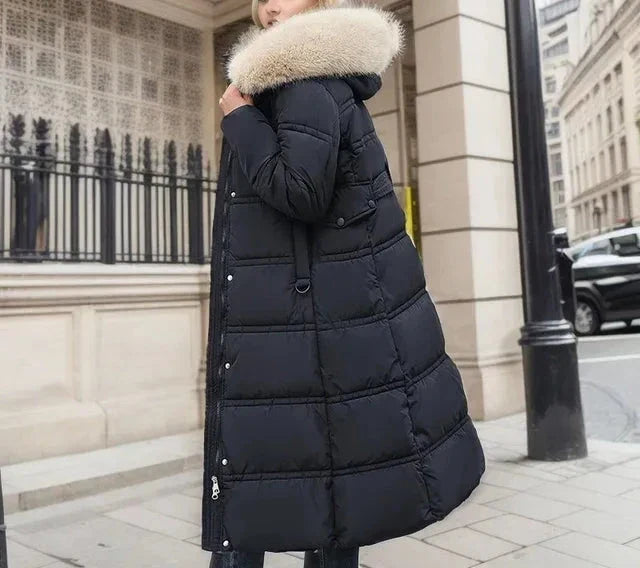 Women's Long Padded Coat with Faux Fur Trim Hood - 4