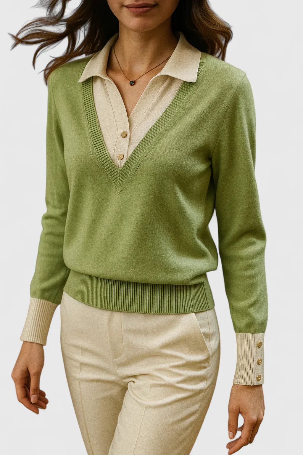 Women's Jumper with Collar and Contrast Cuffs - 9