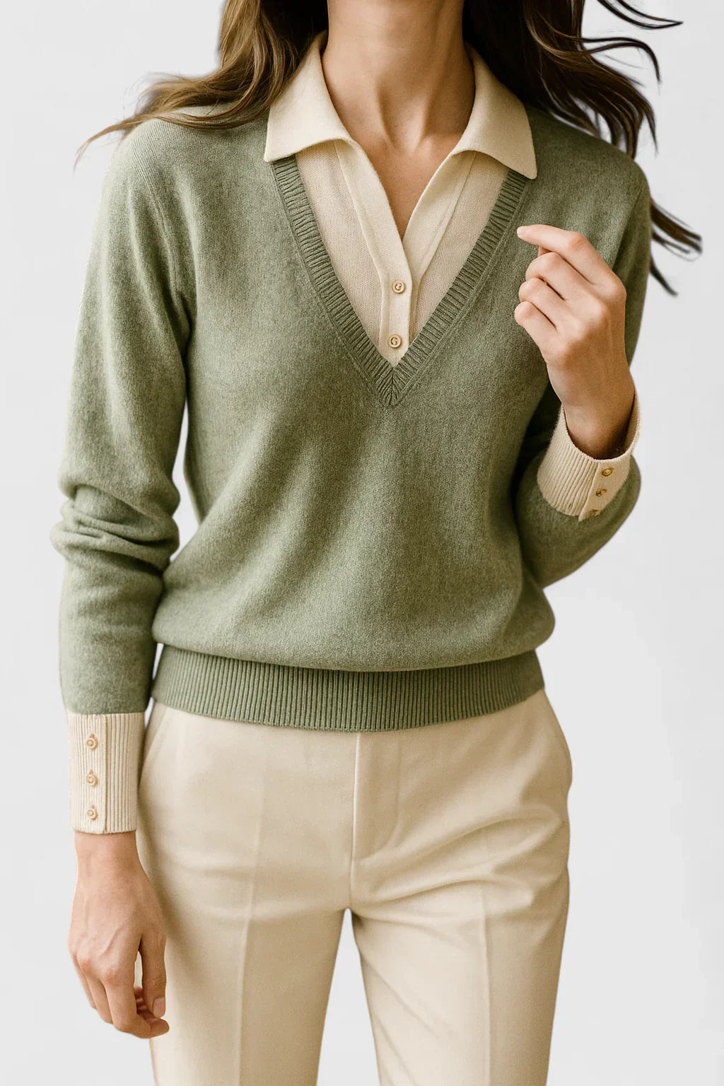 Women's Jumper with Collar and Contrast Cuffs - 8