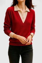 Women's Jumper with Collar and Contrast Cuffs - 10