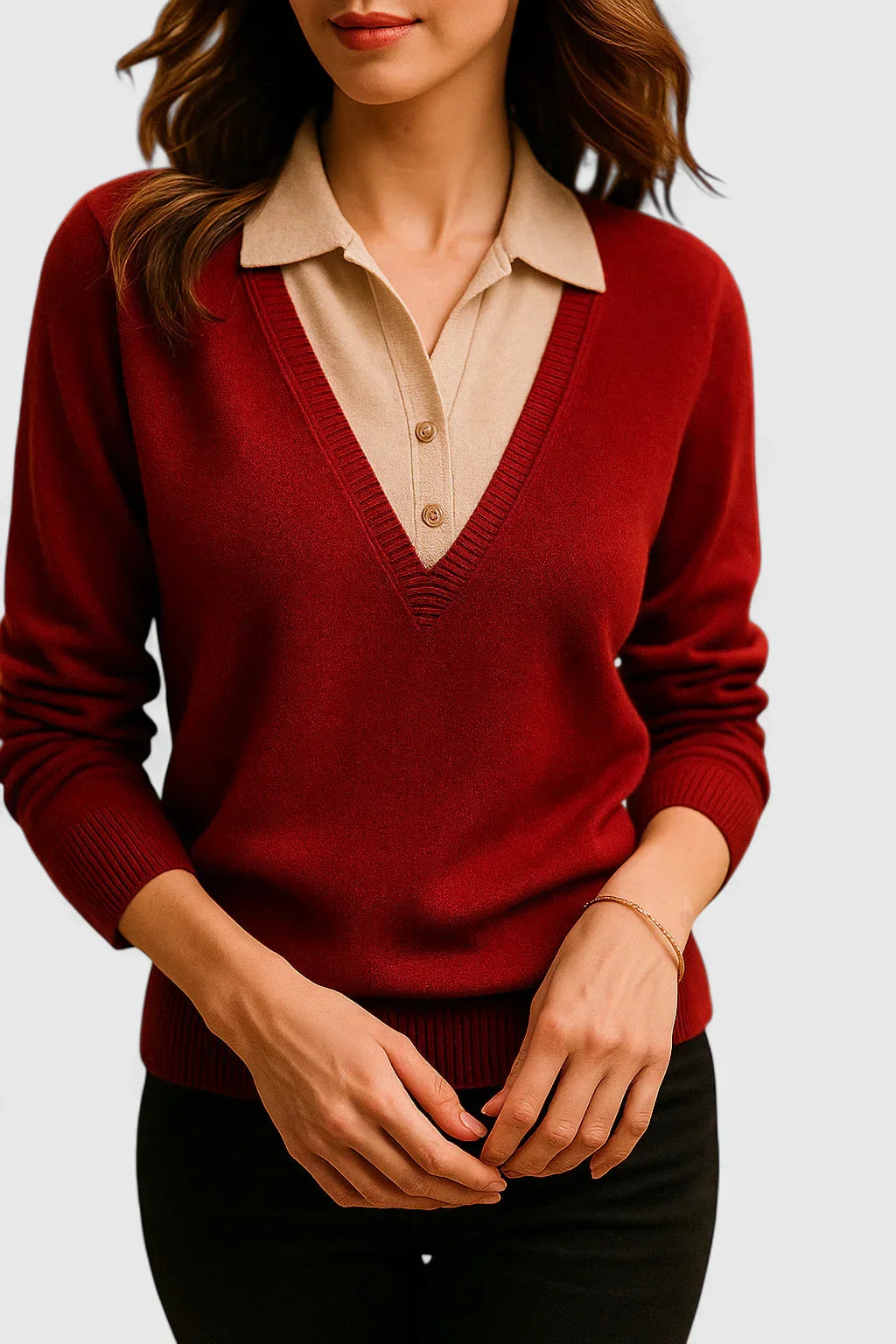Women's Jumper with Collar and Contrast Cuffs - 11