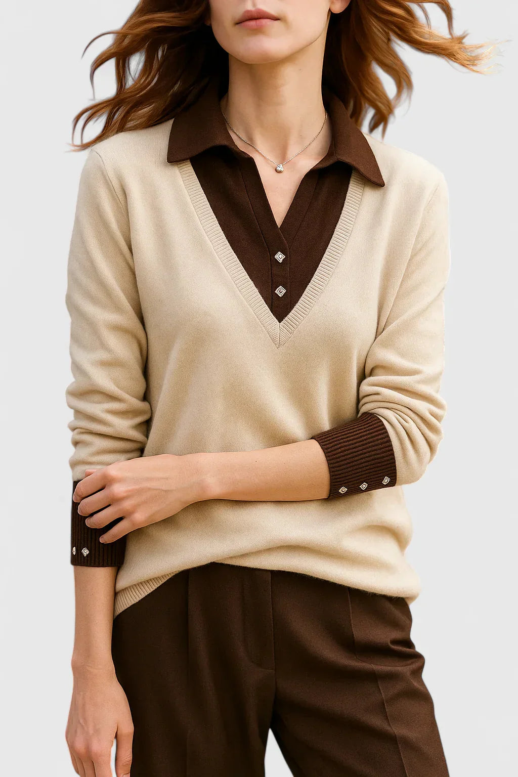Women's Jumper with Collar and Contrast Cuffs - 12