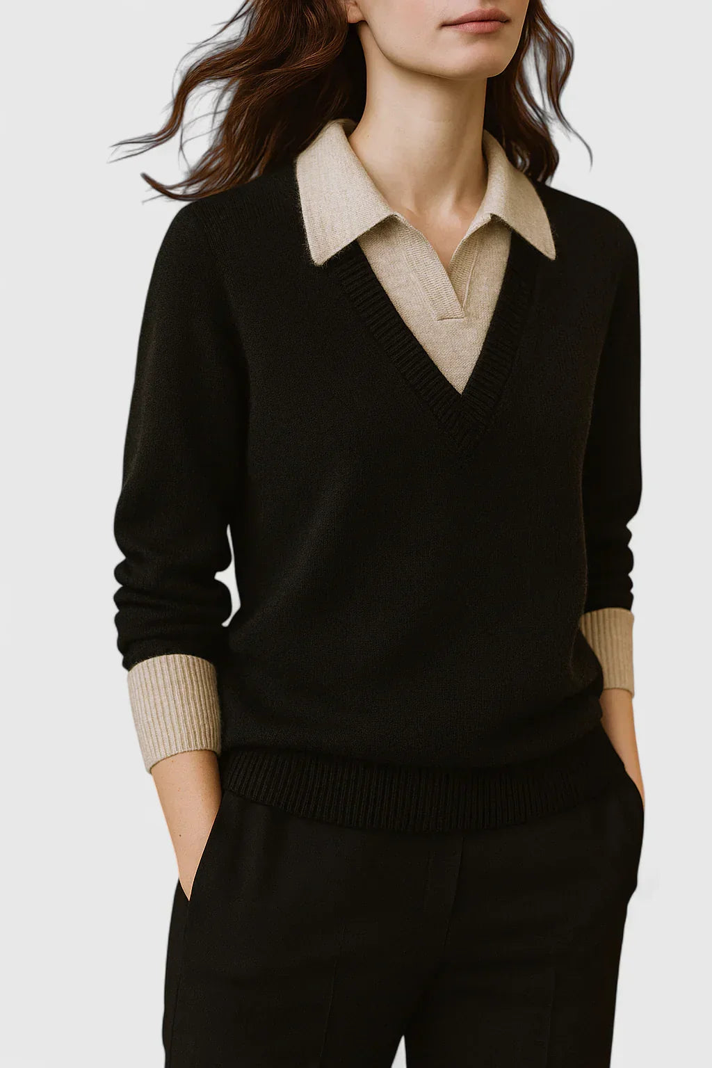 Women's Jumper with Collar and Contrast Cuffs - 14