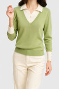 Women's Jumper with Collar and Contrast Cuffs - Lime