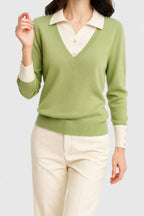 Women's Jumper with Collar and Contrast Cuffs - Lime