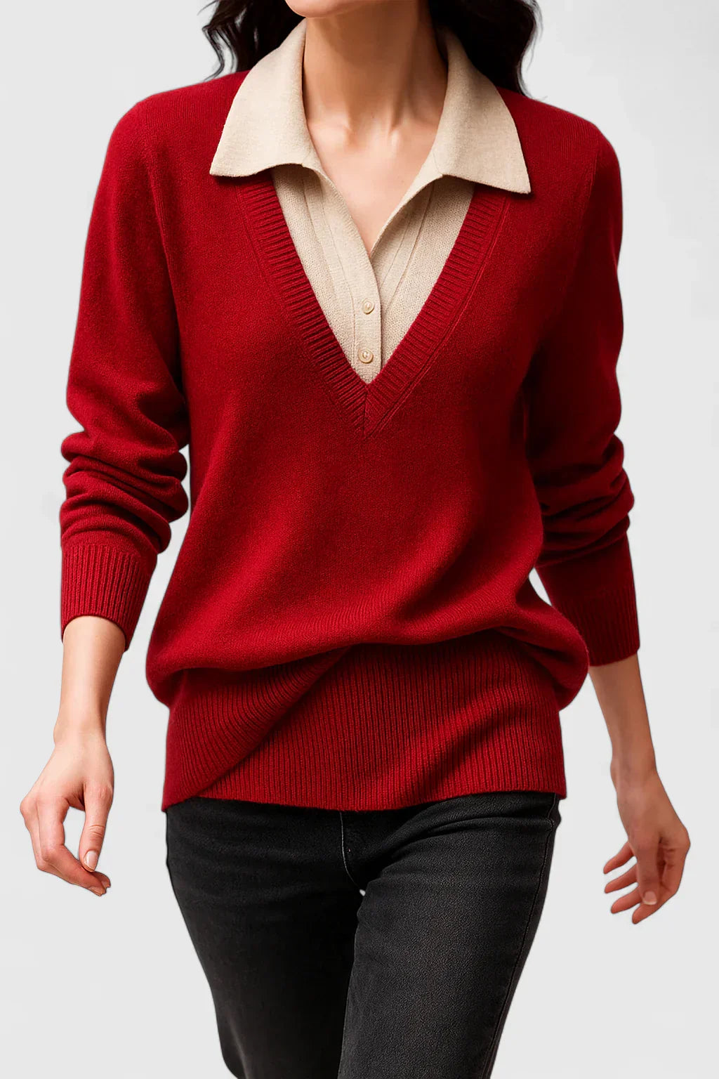 Women's Jumper with Collar and Contrast Cuffs - 4