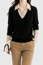 Women's Jumper with Collar and Contrast Cuffs - Black