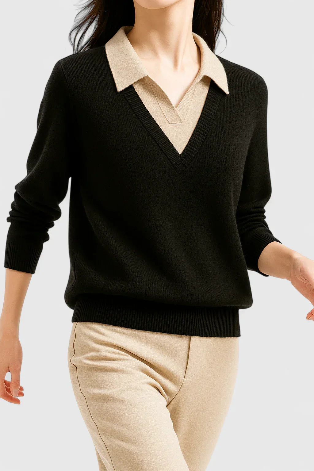 Women's Jumper with Collar and Contrast Cuffs - 7