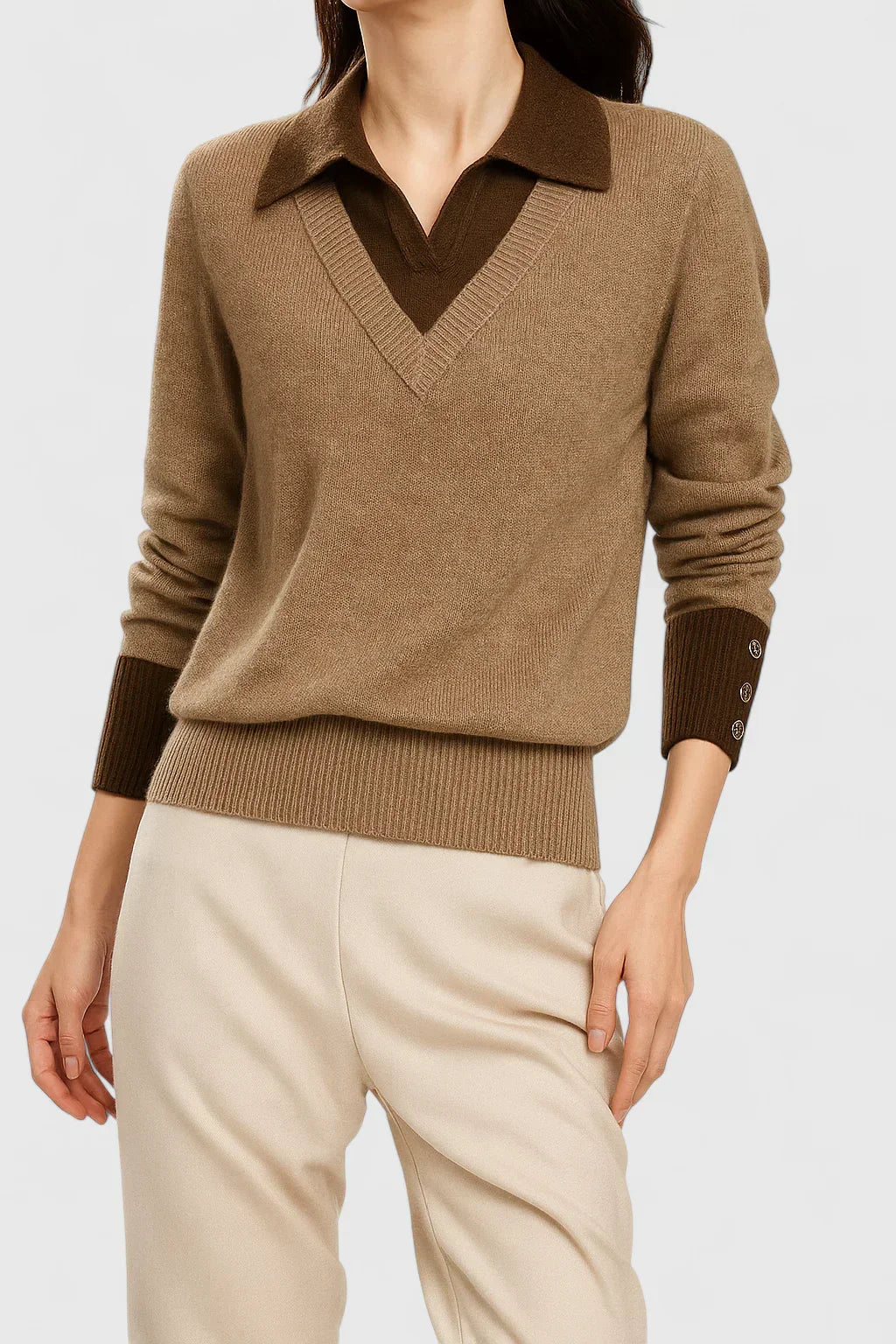 Women's Jumper with Collar and Contrast Cuffs - 2