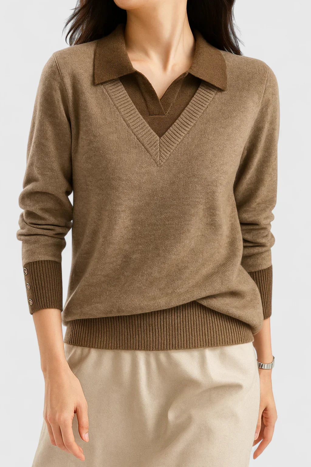 Women's Jumper with Collar and Contrast Cuffs - Brown