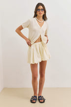 Women's Short Cardigan V-Neck Short Sleeve Button-Up Textured Knit
