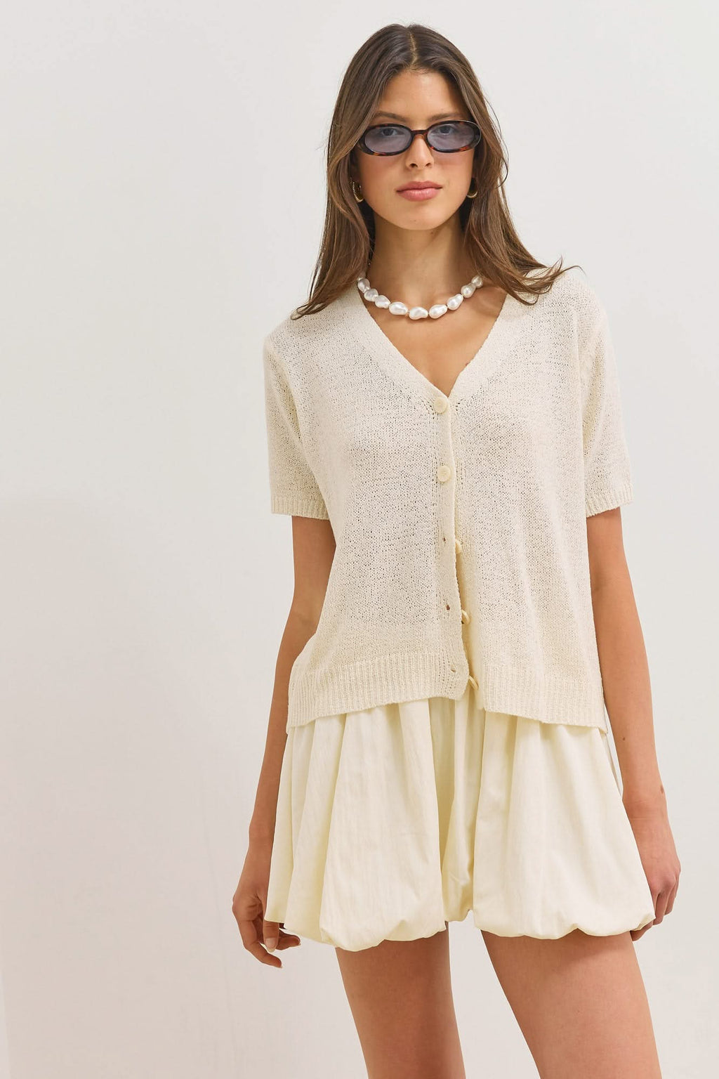 Women's Short Cardigan V-Neck Short Sleeve Button-Up Textured Knit