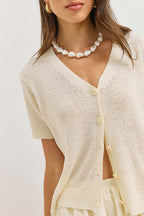 Women's Short Cardigan V-Neck Short Sleeve Button-Up Textured Knit - White