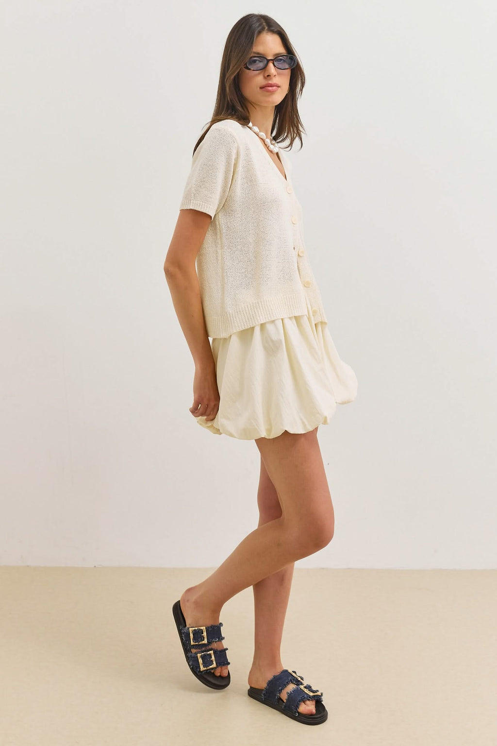 Women's Short Cardigan V-Neck Short Sleeve Button-Up Textured Knit