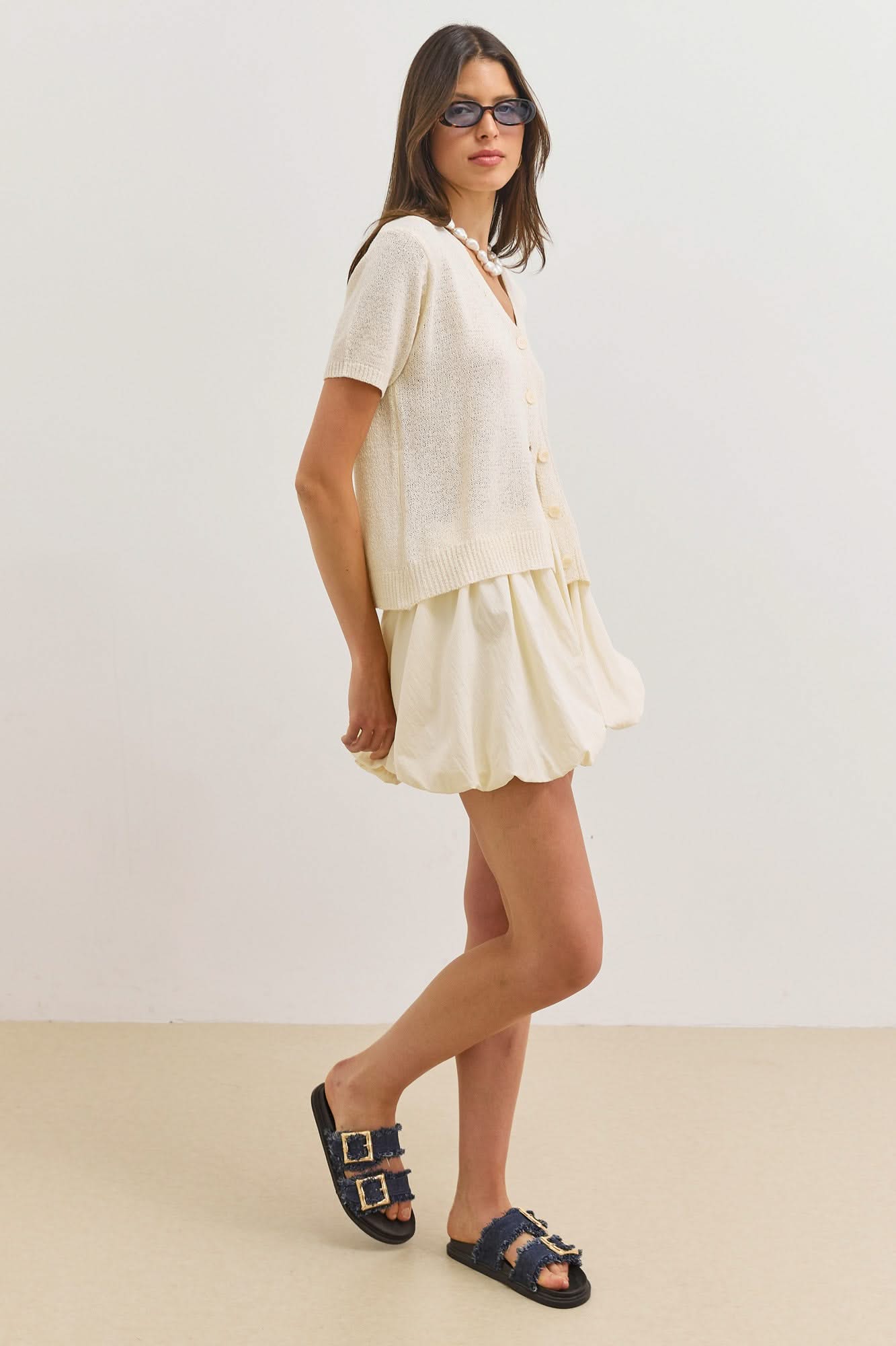 Women's Short Cardigan V-Neck Short Sleeve Button-Up Textured Knit