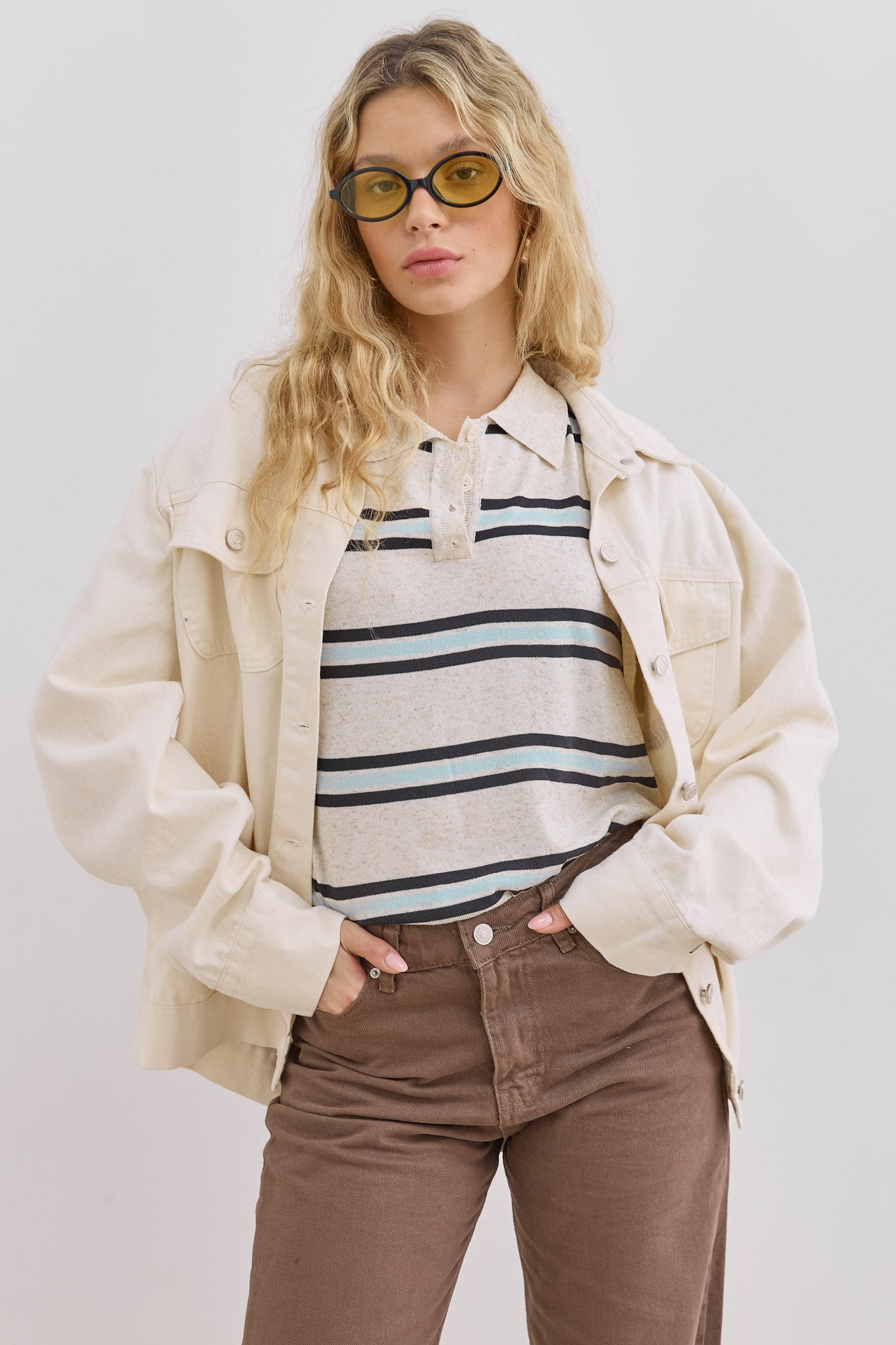 Women's Striped Short Sleeve Polo Shirt with Button Placket