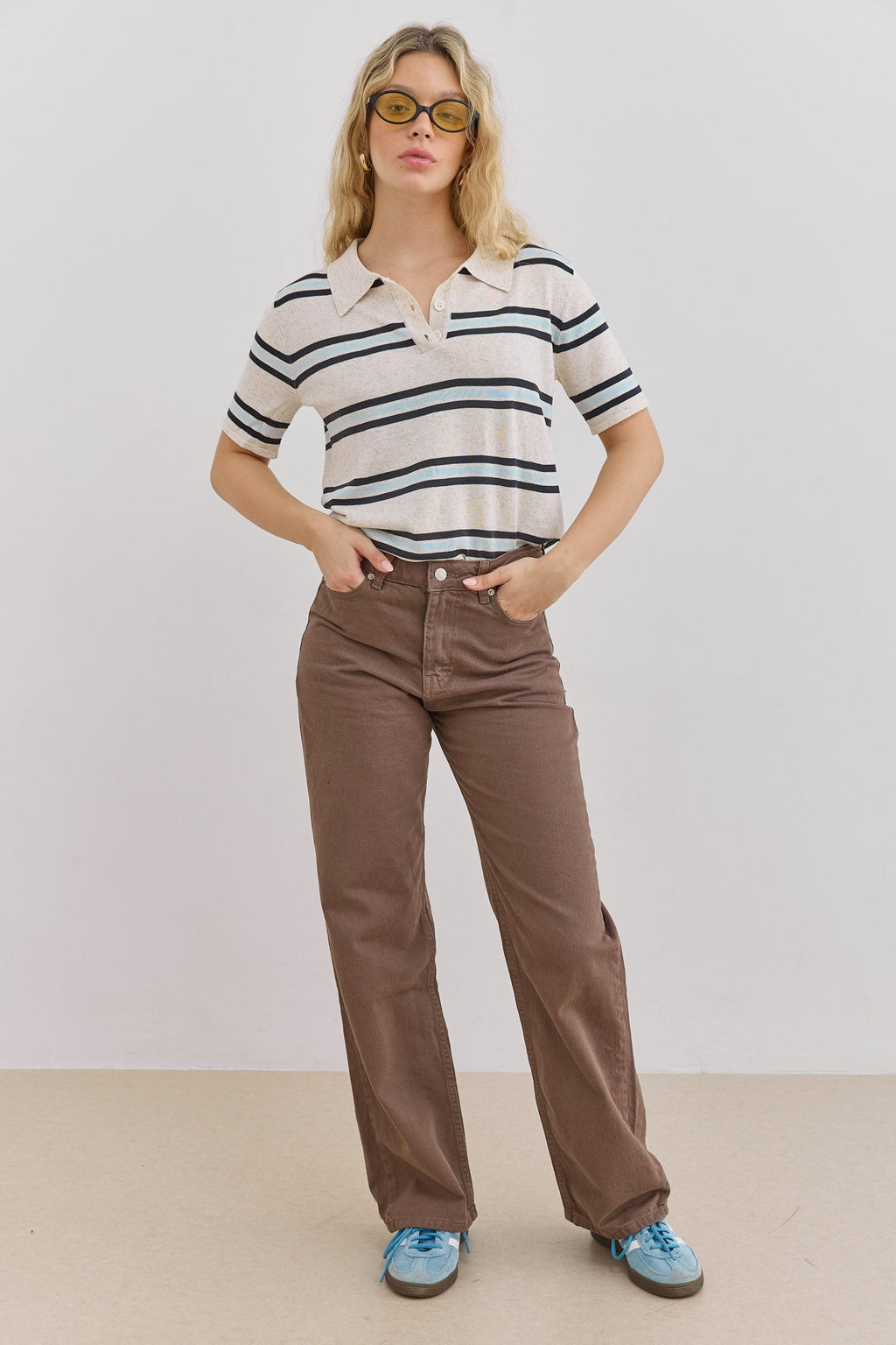 Women's Striped Short Sleeve Polo Shirt with Button Placket